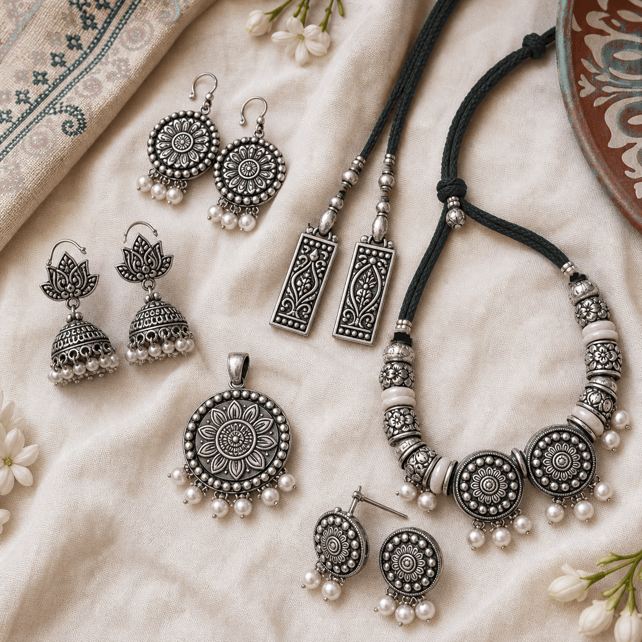 Flat lay of silver Bengali ornaments