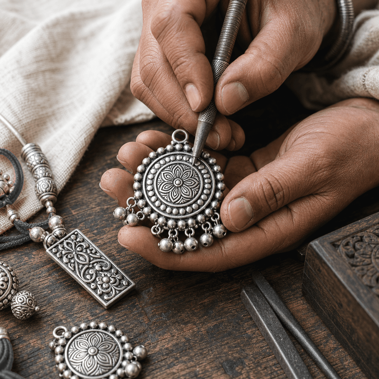 Artisan engraving a silver pendant