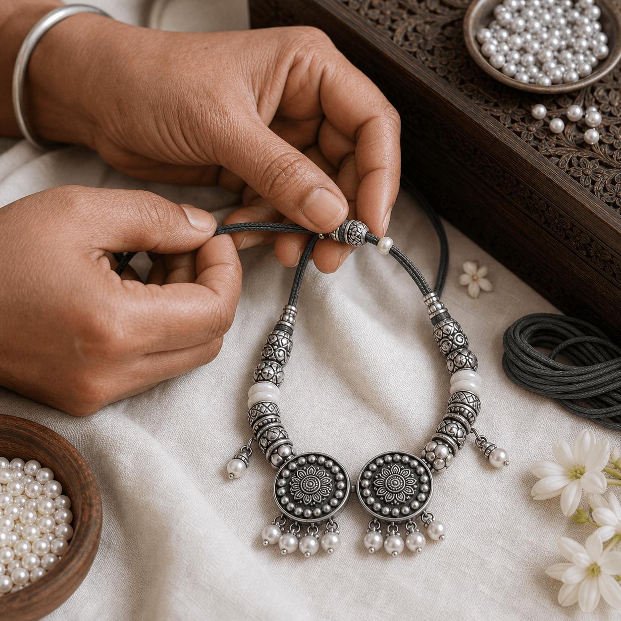 Hands threading silver beads on grey cord