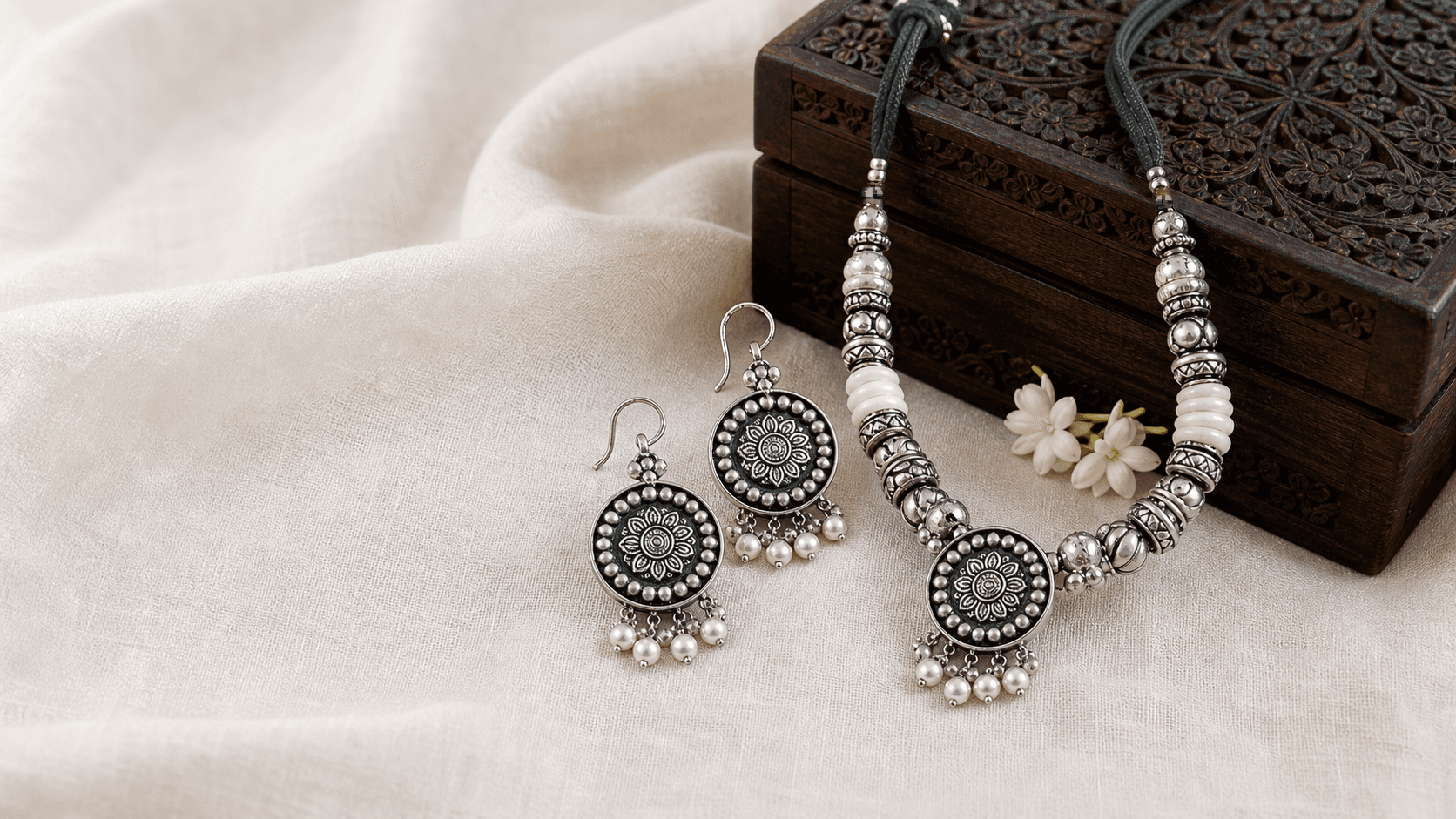 Oxidised silver Bengali necklace and earrings